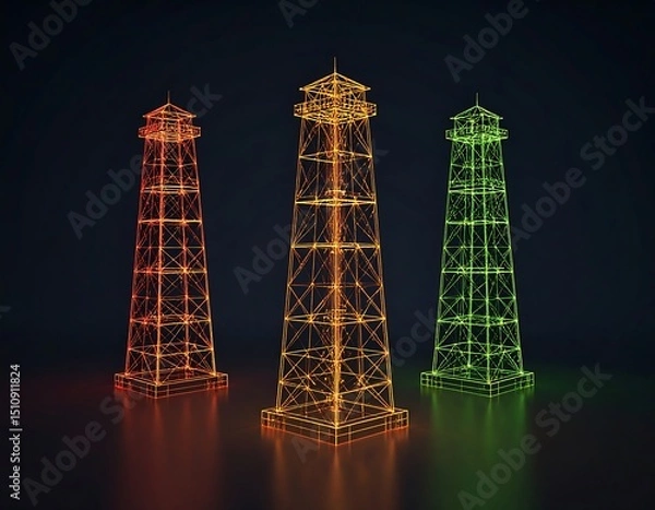 Obraz Three glowing wireframe lighthouses