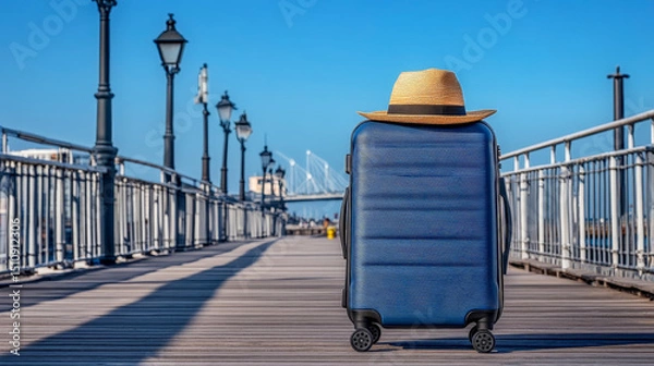 Fototapeta Stylish suitcase and straw hat poised on wooden pier perfect scene for travel blog adventure packing and vacation planning imagery