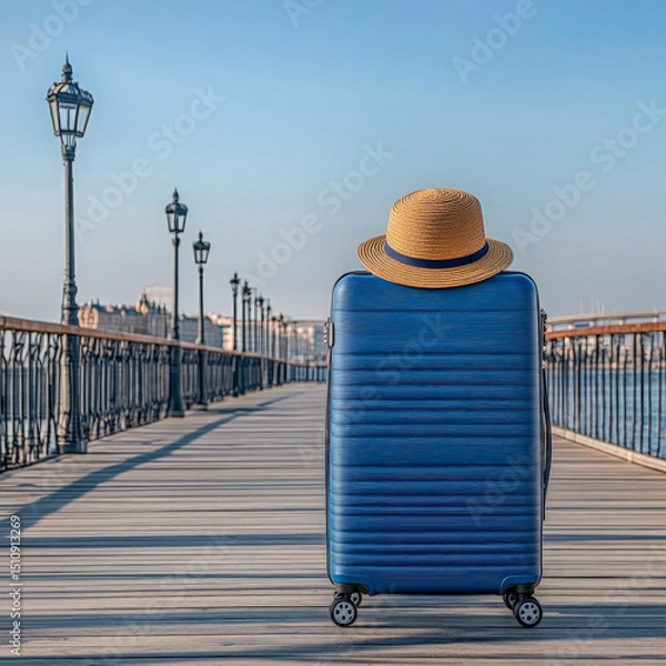 Fototapeta Stylish suitcase and straw hat poised on wooden pier perfect scene for travel blog adventure packing and vacation planning imagery
