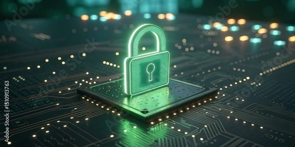 Obraz Glowing green padlock on a microchip representing cybersecurity and data protection