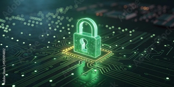 Obraz Glowing green padlock symbolizing digital security on a circuit board background