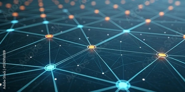 Obraz Abstract network connection system with glowing nodes and lines on dark background