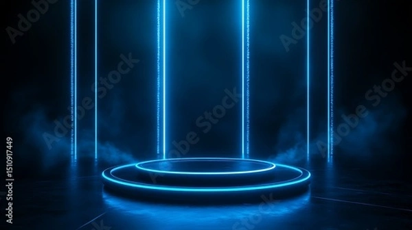 Fototapeta Abstract Dark Room with Illuminated Round Stage and Neon Light Pillars, Futuristic Glowing Display Concept.