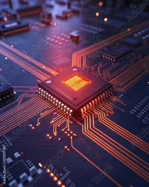 Fototapeta Glowing Microchip on Circuit Board with Neon Lights