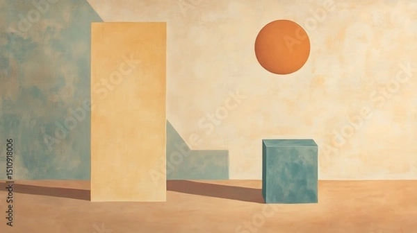 Fototapeta Abstract Geometric Forms Art: Minimalist Composition with Circle, Rectangle, and Cube in Earthy Tone Palette.