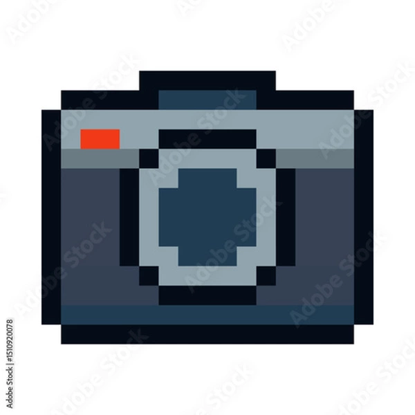 Fototapeta Pixel art vector illustration of a camera emoji in retro 8 bit style. Pixelated design features a classic photo camera icon with bold outlines and vibrant colors, perfect for digital projects, video