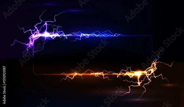Obraz Lightning frame, blue and yellow electric rectangular frame with lightning effect.