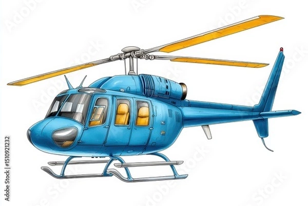 Fototapeta A light blue helicopter with yellow rotors is depicted against a white background. The helicopter is detailed, showing its windows and landing gear. The image is clean and well lit.