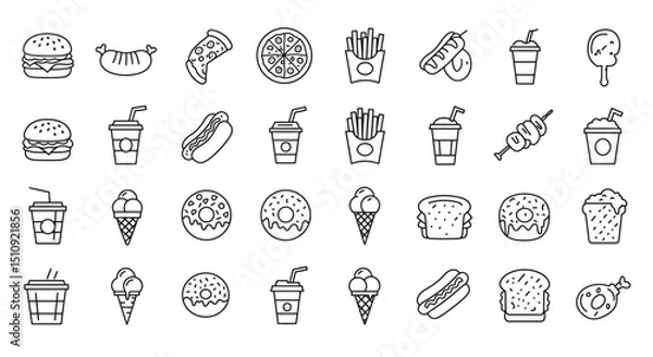 Fototapeta Fast food set of web icons in line style. Food and drink linear icon collection. Containing burger, pizza, hot dog, french fries, kabab, ice cream, coffee, donut, sandwich and more. Editable stroke
