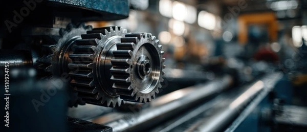 Obraz Closeup of industrial metal gears in a factory setting, showcasing precision engineering and mechanical power Concept of industry, manufacturing, and technology