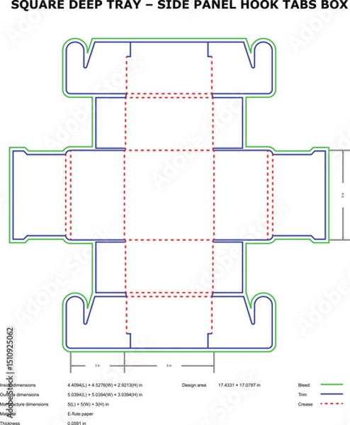 Fototapeta Square deep tray box design template side panel hook tabs line art