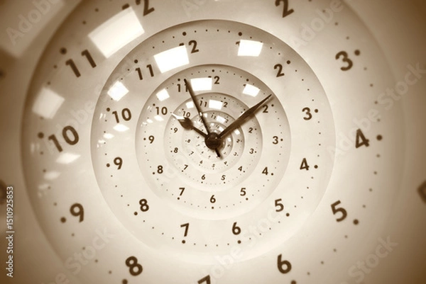Fototapeta Vintage retro white spiral clock dial with arabic numerals. Concept of Infinite time, deadline, scheduling, time and space, past, present and future.