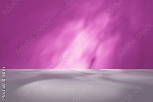 Fototapeta Studio background for display product. Empty room with shadows, caustics and soft lighting for product presentation. Minimalistic showcase for advertisement with purple wall and grey floor.