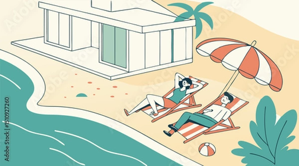 Obraz "Modern Beach House Vacation – Couple Relaxing Under Umbrella Vector"