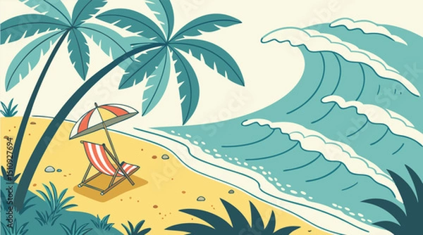 Obraz "Relaxing Beach Paradise: Tropical Vacation Destination with Waves and Palm Trees"