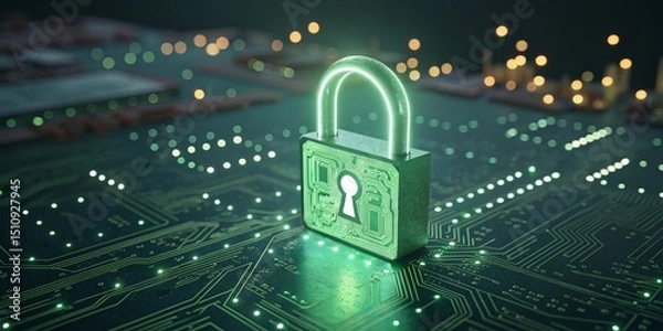 Obraz Glowing green padlock on a circuit board representing cybersecurity and data protection