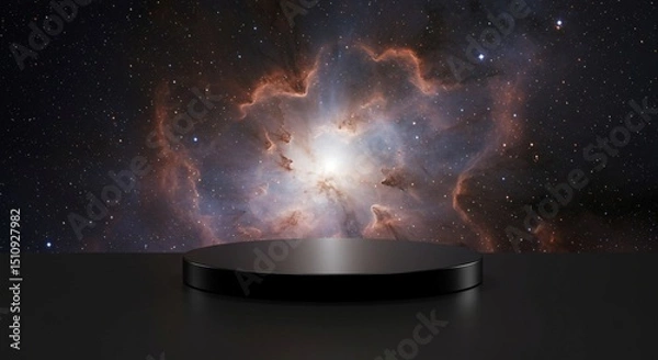 Fototapeta Black product display platform against cosmic nebula background