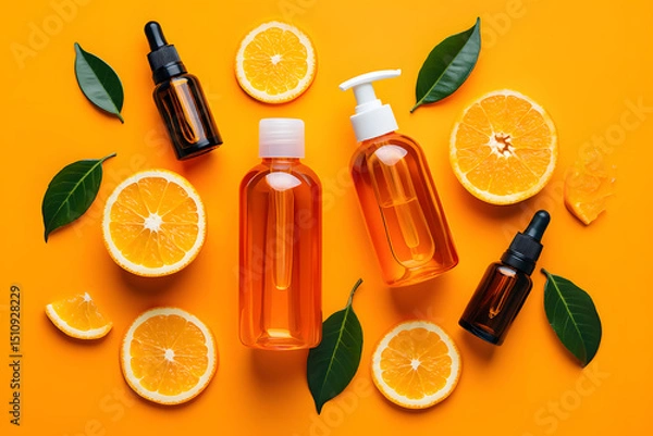 Obraz Vitamin c serum and orange slices flat lay composition demonstrating natural skincare ingredients on a vibrant orange background