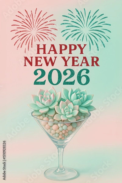 Fototapeta Happy New Year 2026 Succulent Martini with Fireworks on Pink Green Gradient
