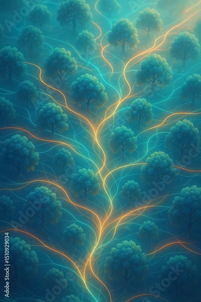 Fototapeta Glowing Forest Network with Trees Connected by Energy Lines