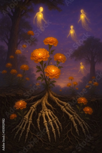 Fototapeta Marigold Blooms Emerging from Skeleton Hands beneath Enchanted Twilight with Luminous Spirits