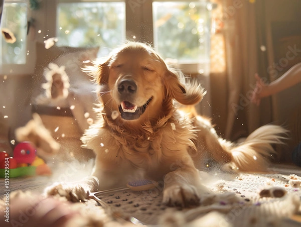 Fototapeta Golden Retriever Enjoying a Sunny Day and a Brushing