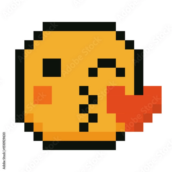 Fototapeta Cute pixel art emoji with a kissing face and red heart. Retro 8 bit style vector illustration on white background. Ideal for Valentines Day, messages, chats, stickers and romantic digital designs.
