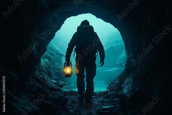 Fototapeta Silhouette of a wanderer carrying a lantern through a dark cave