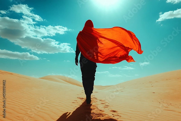Fototapeta Silhouette of a wanderer walking through a desert