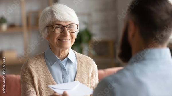 Fototapeta Elderly couple happily receiving social security documents in envelope, smiling with joy and relief. Retirement planning, pension benefits and senior citizen financial security concepts.