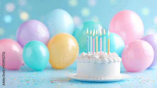 Fototapeta delicious cream cake in pastel colors with candles on the background of balloons for a birthday party