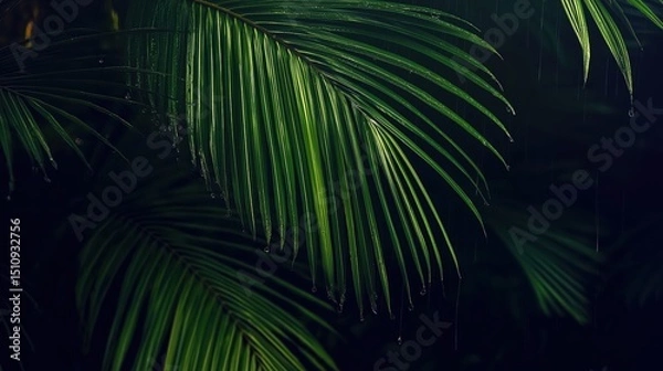 Fototapeta Midnight Whispers of the Tropics: Hyper-Realistic Palm Leaves Moving Gently in the Night Breeze, Immersing the Viewer in a Tranquil and Shadowed Realm of Nature’s Quiet Beauty...
