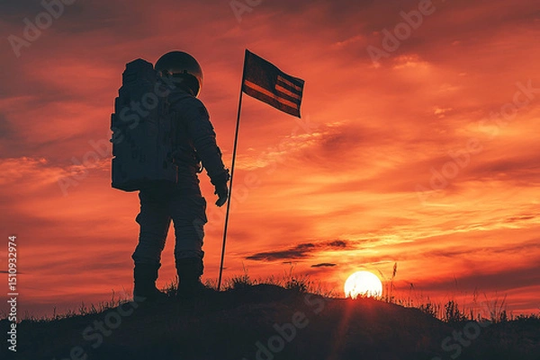 Fototapeta Silhouette of an astronaut planting a flag on a new planet