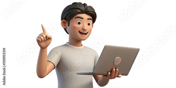 Obraz Cartoon man with laptop pointing up isolated on white background