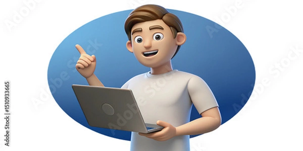 Obraz Cartoon man with laptop pointing up isolated on transparent background