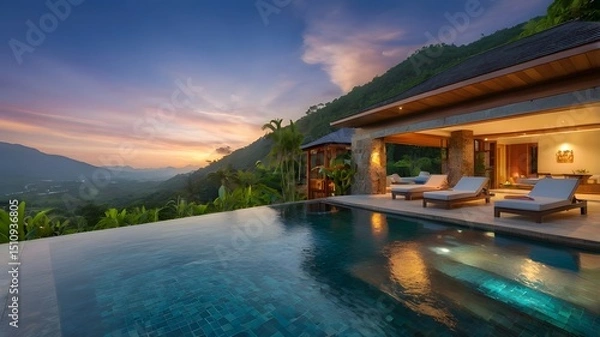 Fototapeta Calm Tropical Villa with Sunset Mountain Views and an Infinity Pool