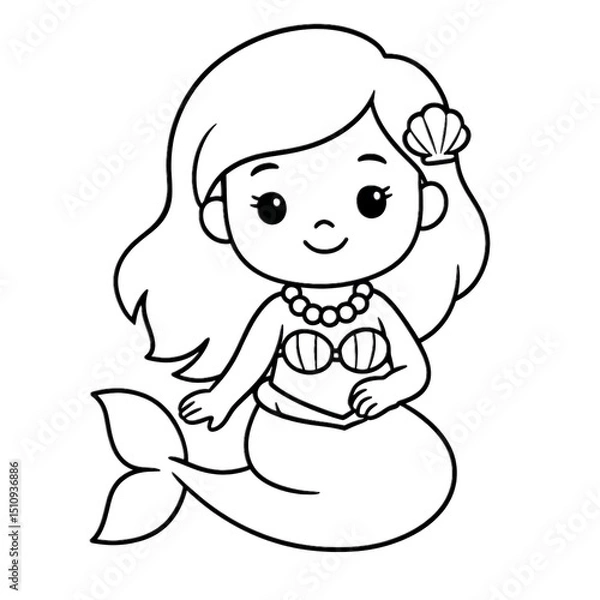Fototapeta Mermaid Illustration: A whimsical, line-art illustration of a charming mermaid, complete with flowing hair, seashell accents, and a playful expression.