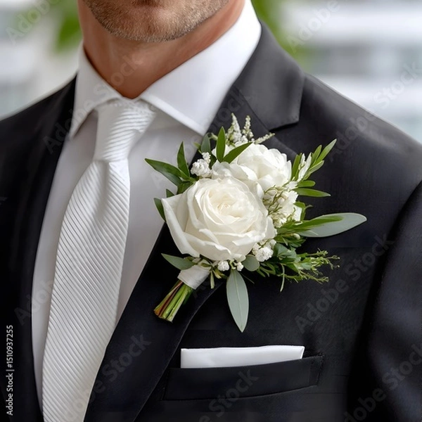 Fototapeta Close-up of a white boutonniere on a black tuxedo