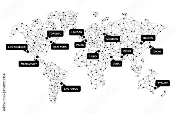 Fototapeta Connected Dots World Map with All Continents and Largest Cities, Quantum Big Data for Web, Business, and Infographics, Cloud Network and AI Technology Vector Background