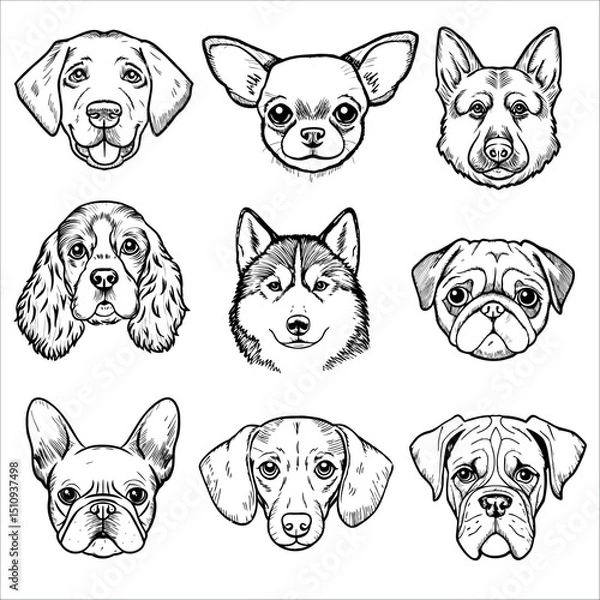 Obraz A collection of dog faces illustrated in a grid. Breeds include Labrador, Chihuahua, German Shepherd, Cocker Spaniel, Siberian Husky, Pug, French Bulldog, Dachshund, and Boxer.