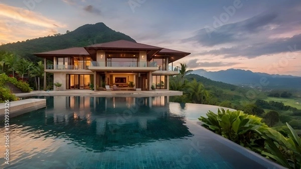 Fototapeta Calm Tropical Villa with Sunset Mountain Views and an Infinity Pool