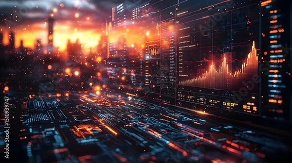 Fototapeta A futuristic cityscape with AI driven investment analytics and financial projections