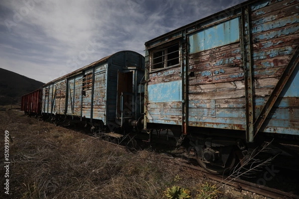 Obraz Abandoned old railway wagons at station, old train wagons in an abandoned station