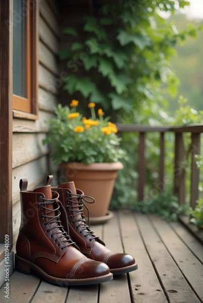 Fototapeta Leather boots resting on a rustic porch surrounded by greenery