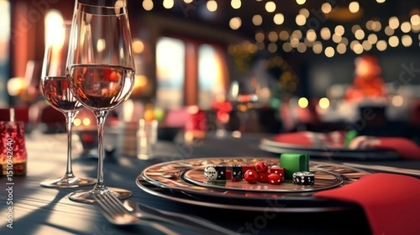Obraz Elegant dinner setting with dice on a plate, suggesting a high-stakes game or celebration.