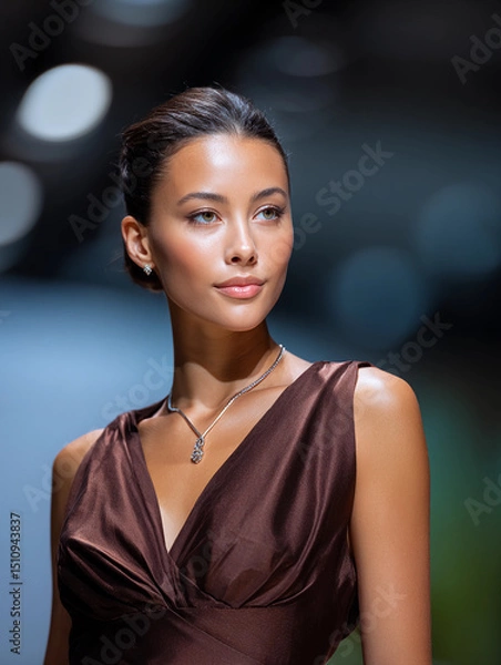 Fototapeta girl model on the catwalk at a fashion show in a stylish dress of the trendy color 2025 mocha mousse