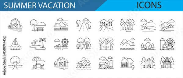 Fototapeta Vacation-themed vector icons with sun, rain, and beach elements.