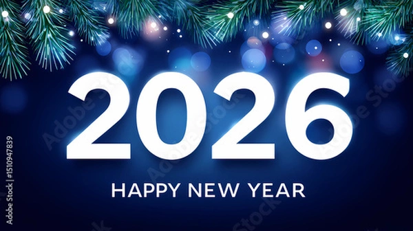 Fototapeta banner with numbers 2026 for new year with fir tree branches and snow and bokeh