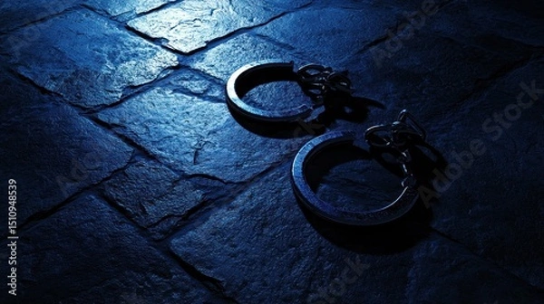 Fototapeta Metal handcuffs on dark stone floor, low light.
