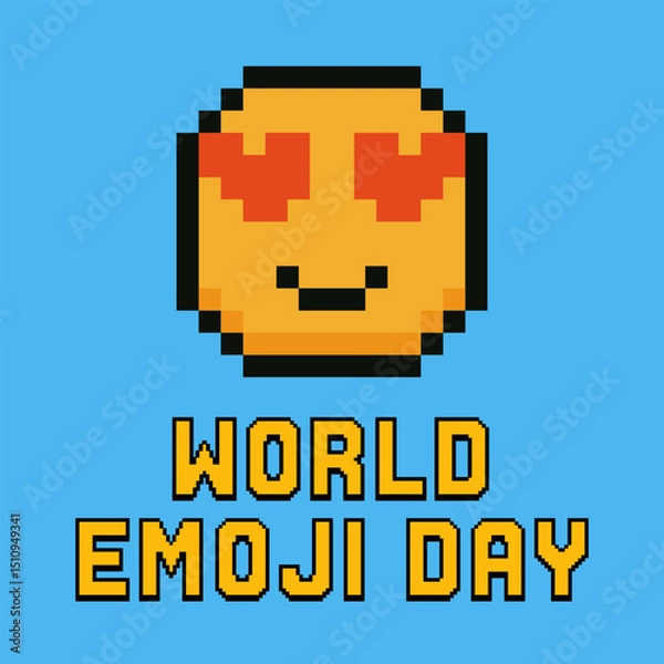 Fototapeta Retro pixel art poster for World Emoji Day. Features a cool smiling emoji face wearing sunglasses with bold 8 bit style yellow text on a bright blue background. Perfect for digital celebration, online